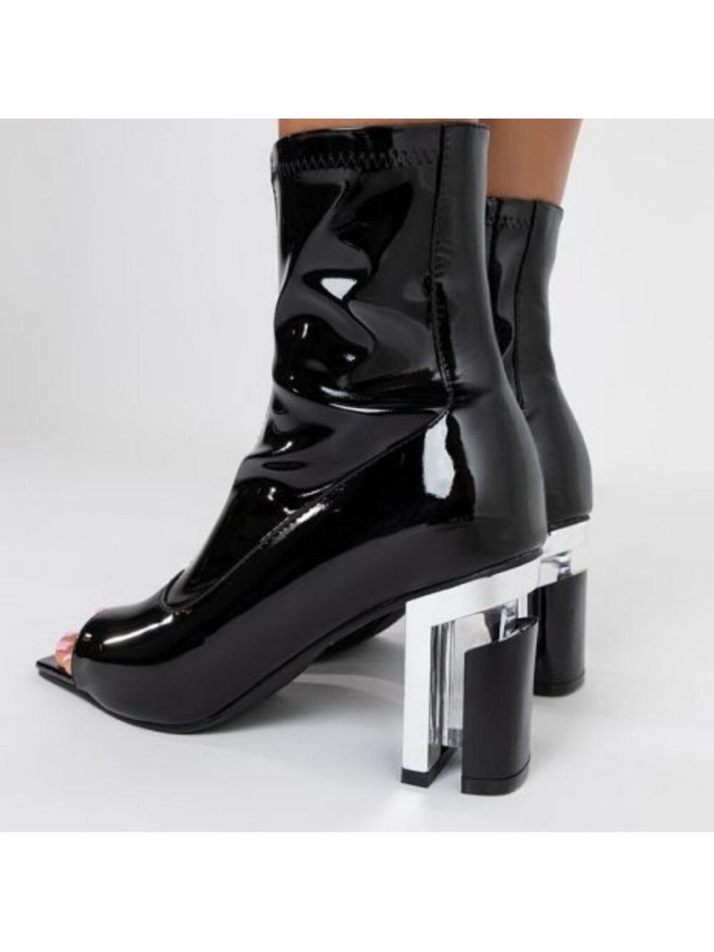 Patent Black Peep-Toe Ankle Boots with Silver Sculpted Heel